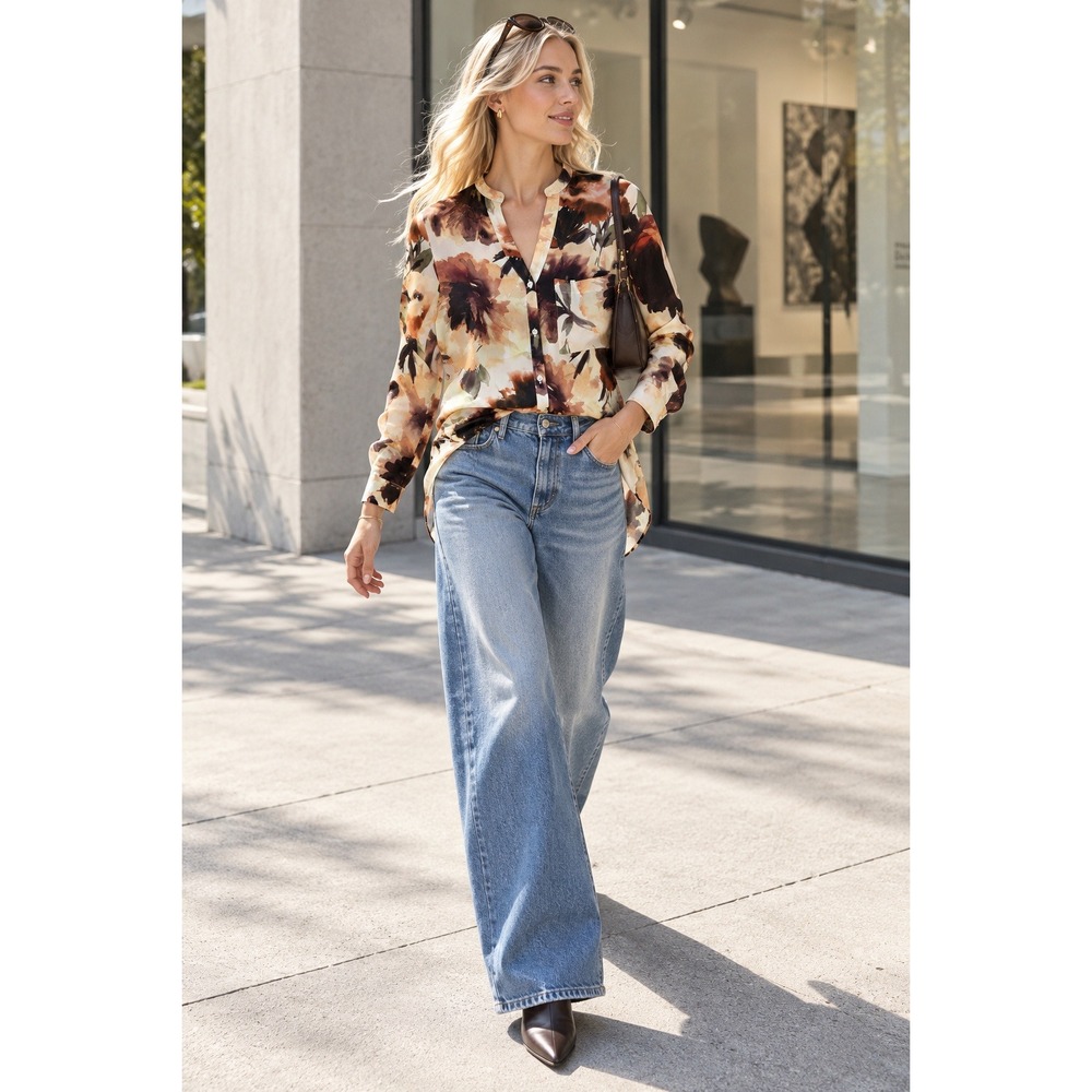 Haute Hippie 100% Silk Floral Button Up Blouse XS Brown Tan Watercolor Abstract